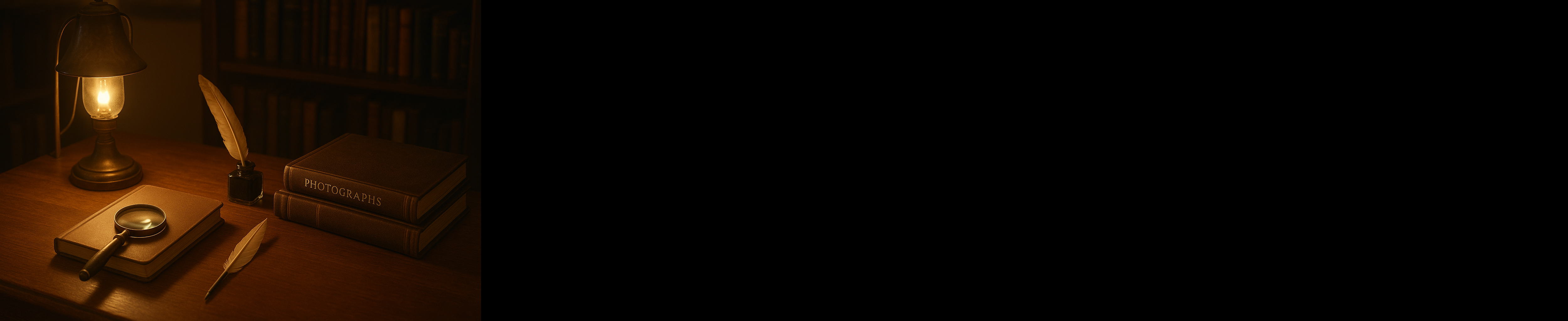 Historic research desk with photograph albums and magnifying glass